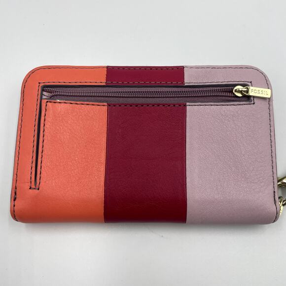 Fossil Sydney Zip Card Wallet Multi-Color Leather Colorblock Red Orange Pink - Picture 3 of 6